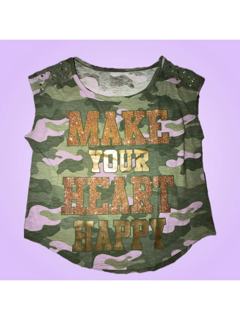 Justice Girls Size 12 Camo Make Your Heart Happy Glitter Graphic T-Shirt